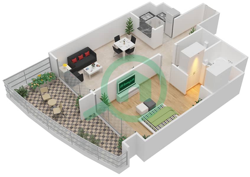 المخططات الطابقية لتصميم النموذج G شقة 1 غرفة نوم - برج سكالا interactive3D