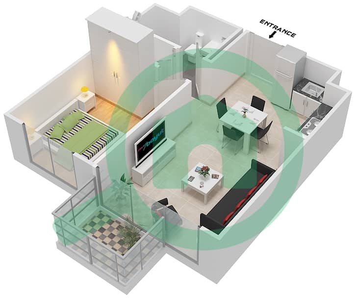 УНА Апартаменты - Апартамент 1 Спальня планировка Тип/мера B/1 interactive3D