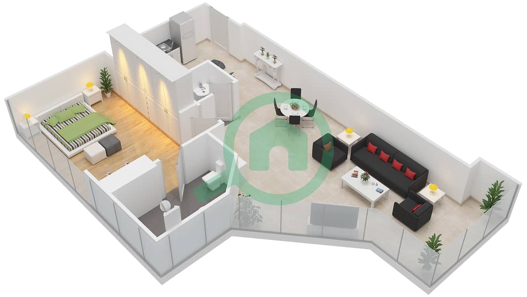 宫廷大厦 - 1 卧室公寓单位2201戶型图 interactive3D