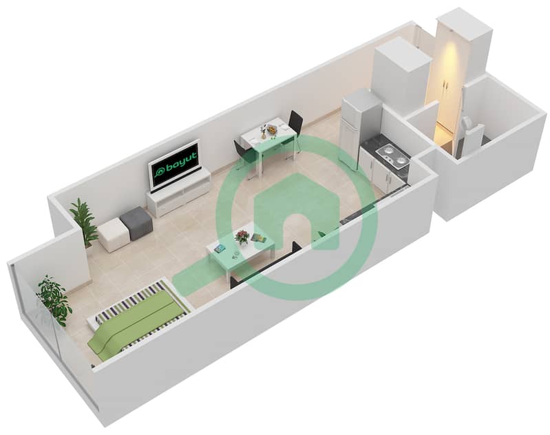 المخططات الطابقية لتصميم الوحدة 2318 شقة استوديو - برج ذا كورت interactive3D