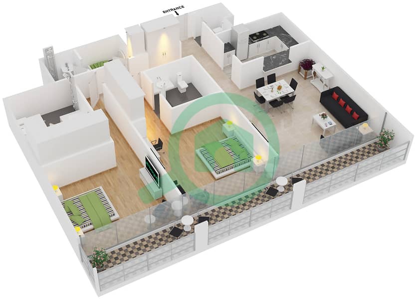 المخططات الطابقية لتصميم النموذج A2 شقة 2 غرفة نوم - ذا ستيرلينغ ويست interactive3D