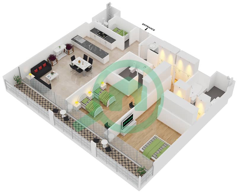 斯特林西塔 - 2 卧室公寓类型A1戶型图 interactive3D