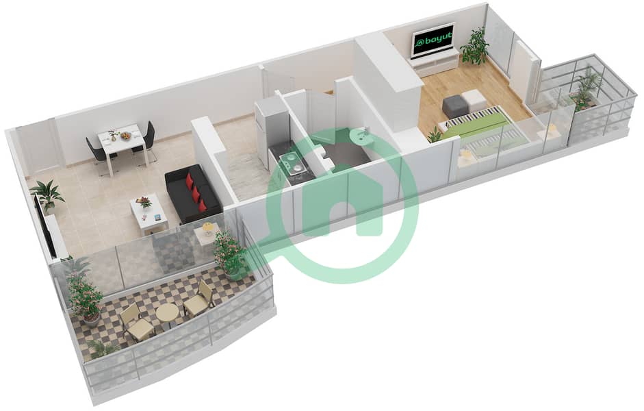 المخططات الطابقية لتصميم النموذج I شقة 1 غرفة نوم - برج سكالا interactive3D