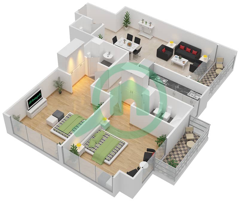 المخططات الطابقية لتصميم النموذج A شقة 2 غرفة نوم - برج سكالا interactive3D