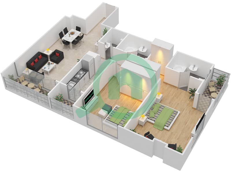 Скала Тауэр - Апартамент 2 Cпальни планировка Тип B interactive3D