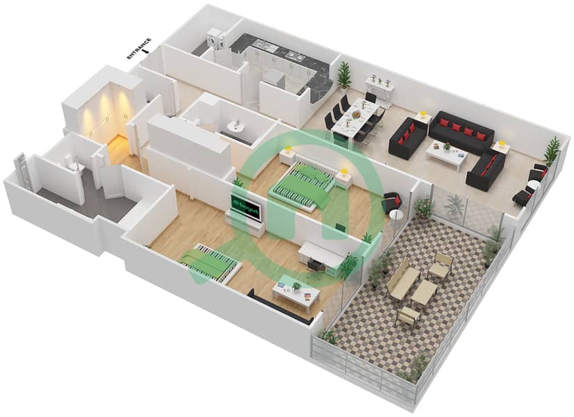 Raffles The Palm Dubai - 2 Bedroom Apartment Unit A2 Floor plan interactive3D