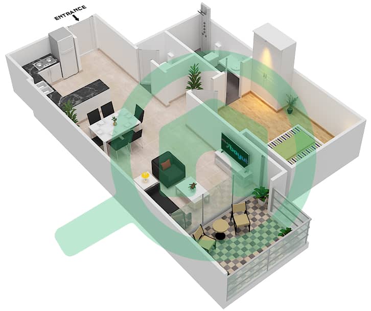 Хайв - Апартамент 1 Спальня планировка Единица измерения 7 image3D
