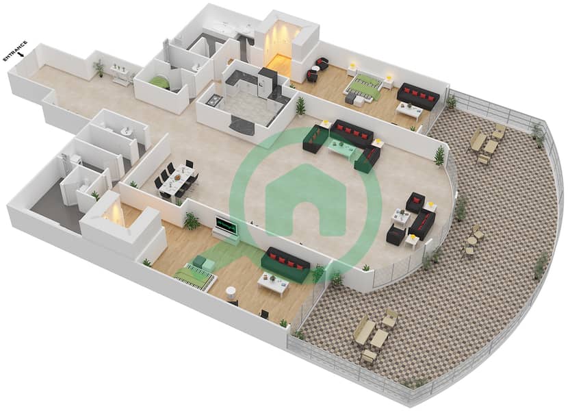 Raffles The Palm Dubai - 2 Bedroom Apartment Unit M1 Floor plan interactive3D