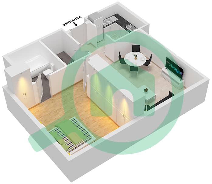 المخططات الطابقية لتصميم النموذج C شقة 1 غرفة نوم - تايم توباز للشقق الفندقية image3D