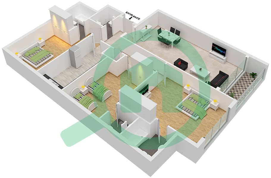 المخططات الطابقية لتصميم النموذج A شقة 3 غرف نوم - تايم توباز للشقق الفندقية image3D