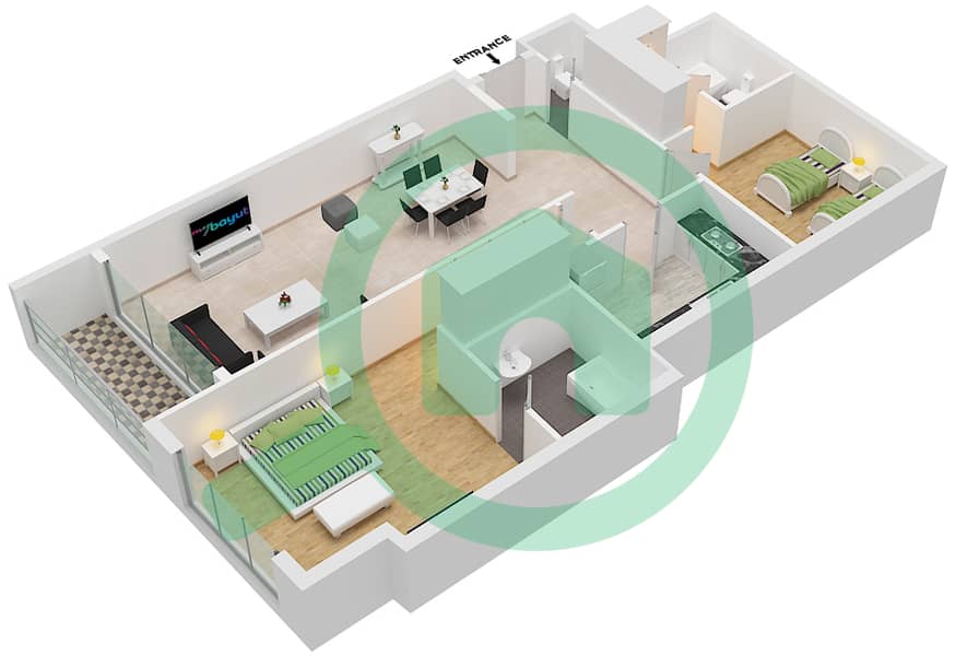 المخططات الطابقية لتصميم النموذج B شقة 2 غرفة نوم - تايم توباز للشقق الفندقية image3D
