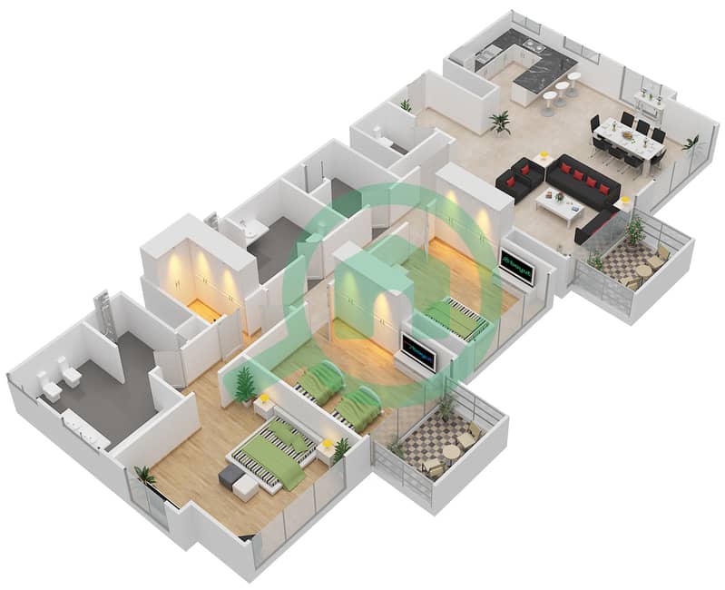 Атриа - Апартамент 3 Cпальни планировка Тип 3A2 interactive3D