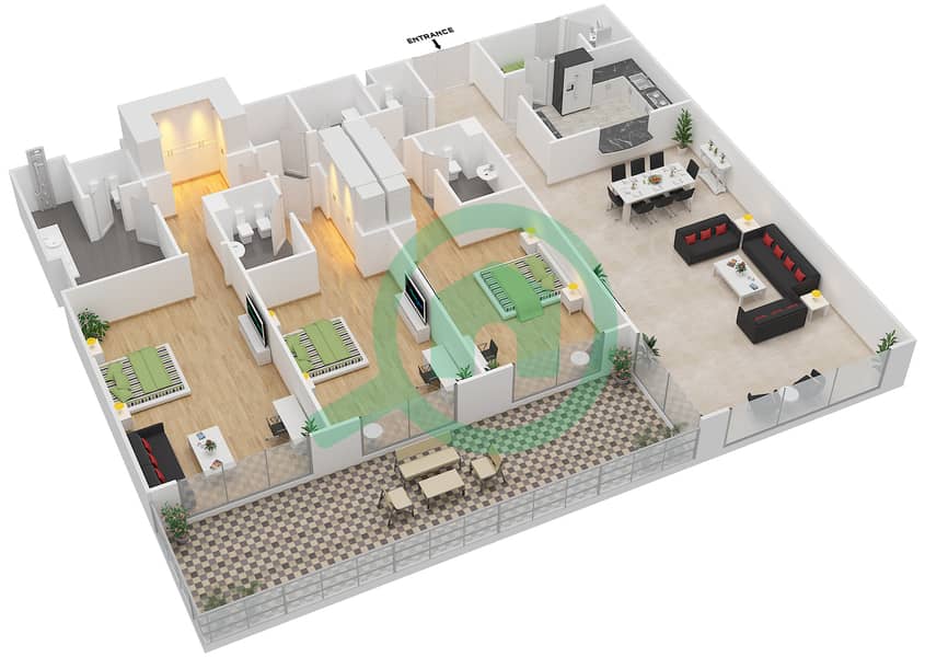 Raffles The Palm Dubai - 3 Bedroom Apartment Unit D2 Floor plan interactive3D