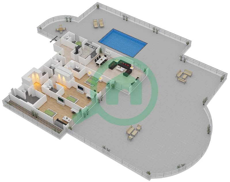 Раффлз Палм Дубай - Апартамент 3 Cпальни планировка Единица измерения F2 interactive3D
