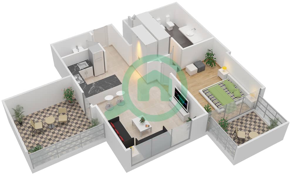 المخططات الطابقية لتصميم النموذج 1A4 شقة 1 غرفة نوم - ذا آتريا interactive3D