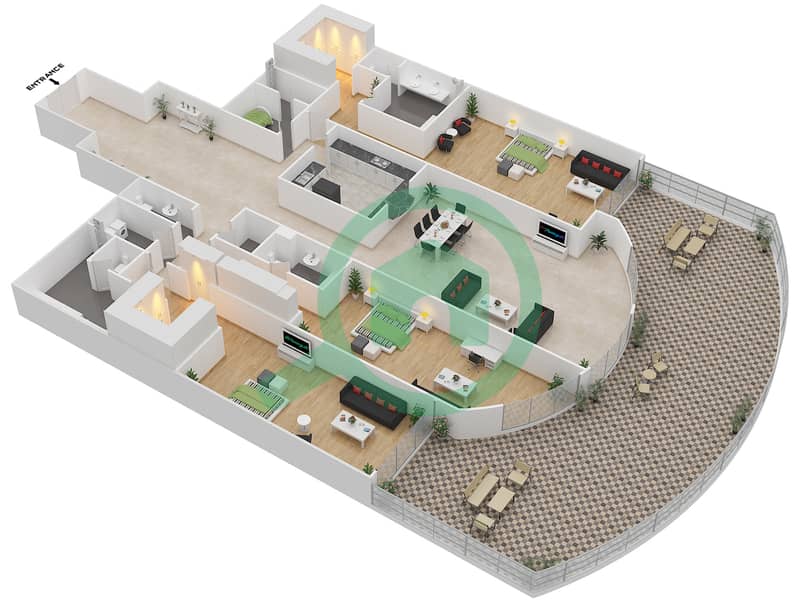 Раффлз Палм Дубай - Апартамент 3 Cпальни планировка Единица измерения H1 interactive3D