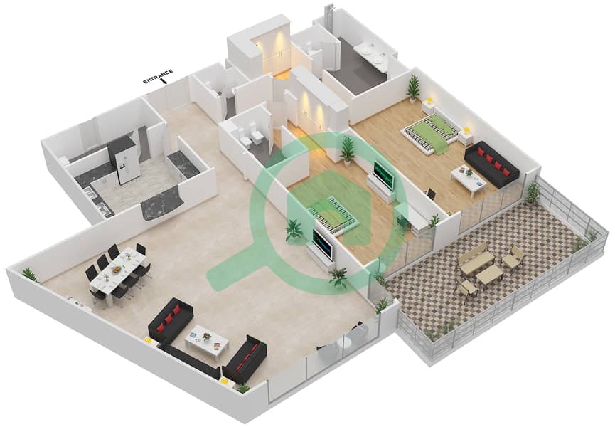 Raffles The Palm Dubai - 2 Bedroom Apartment Unit C3 Floor plan interactive3D