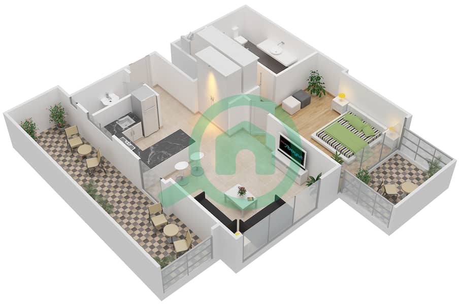 المخططات الطابقية لتصميم النموذج 1A5 شقة 1 غرفة نوم - ذا آتريا interactive3D