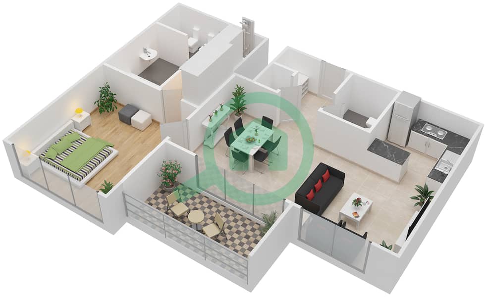 المخططات الطابقية لتصميم النموذج 1B1 شقة 1 غرفة نوم - ذا آتريا interactive3D