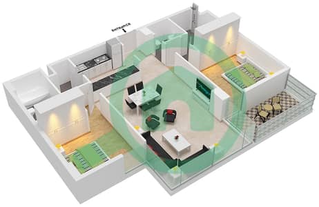 المخططات الطابقية لتصميم النموذج E شقة 2 غرفة نوم - ريزيدنس ايكون