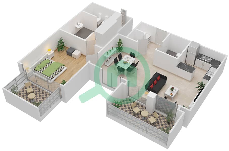 Атриа - Апартамент 1 Спальня планировка Тип 1B2 interactive3D