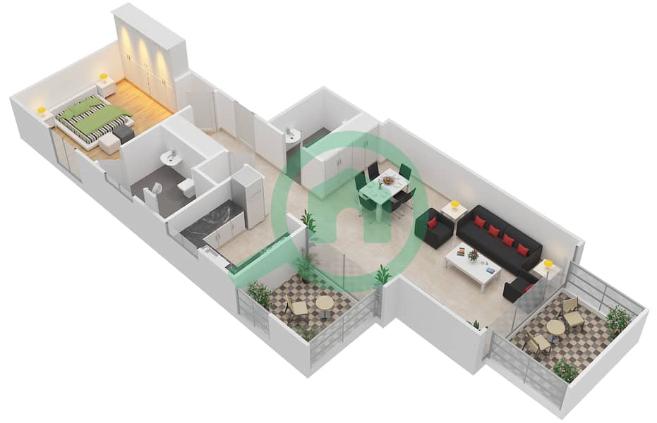 المخططات الطابقية لتصميم النموذج 1C2 شقة 1 غرفة نوم - ذا آتريا interactive3D