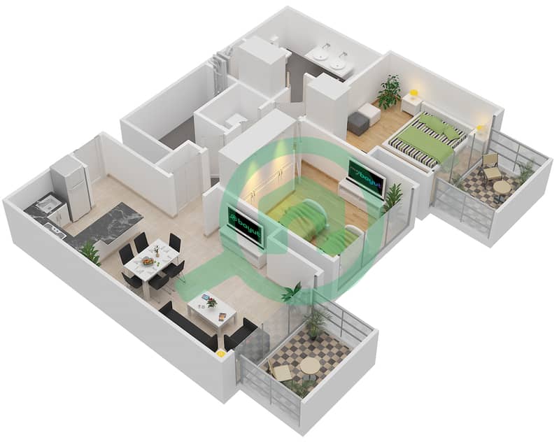 阿特里亚综合区 - 2 卧室公寓类型2A1戶型图 interactive3D