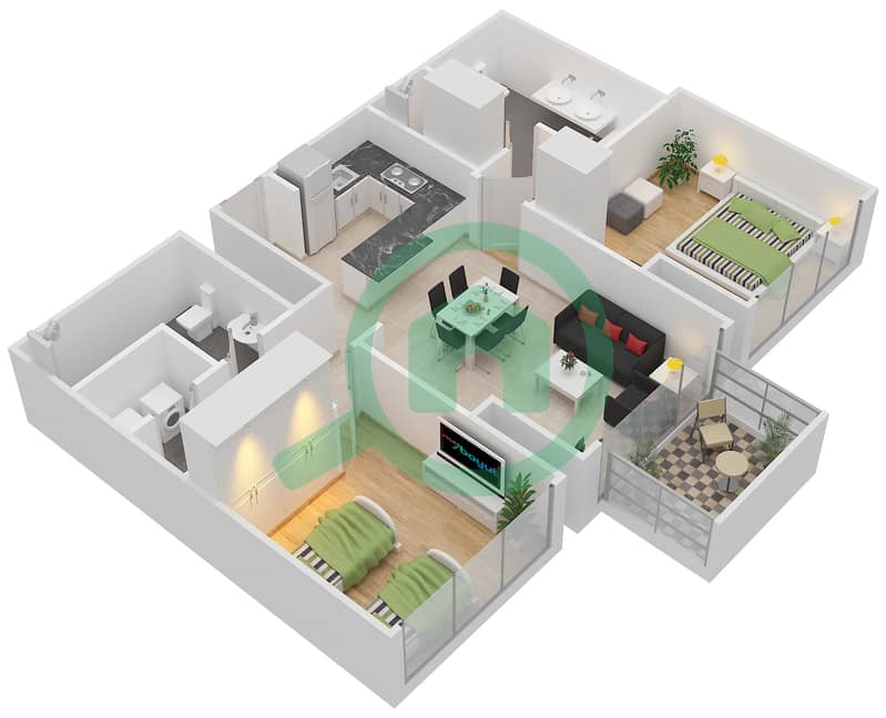 Атриа - Апартамент 2 Cпальни планировка Тип 2A2 interactive3D