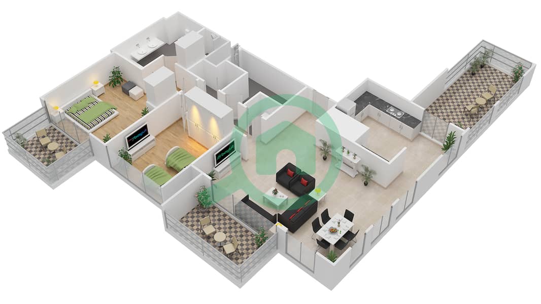 Атриа - Апартамент 2 Cпальни планировка Тип 2B1 interactive3D