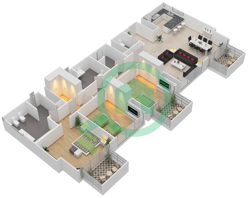 Атриа - Апартамент 3 Cпальни планировка Тип 3A1 interactive3D