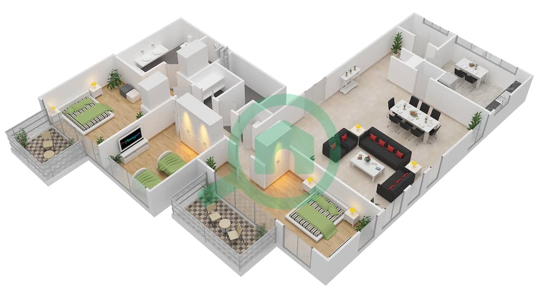 المخططات الطابقية لتصميم النموذج 3B1 شقة 3 غرف نوم - ذا آتريا interactive3D