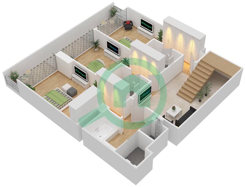 阿特里亚综合区 - 3 卧室公寓类型3DUP2戶型图 interactive3D