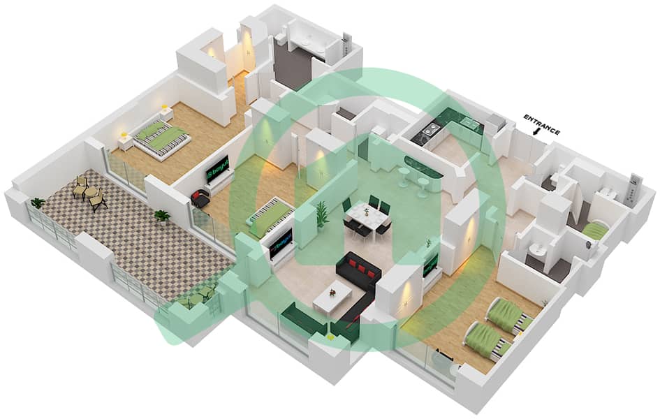 المخططات الطابقية لتصميم الوحدة B شقة 3 غرف نوم - جولدن مايل interactive3D