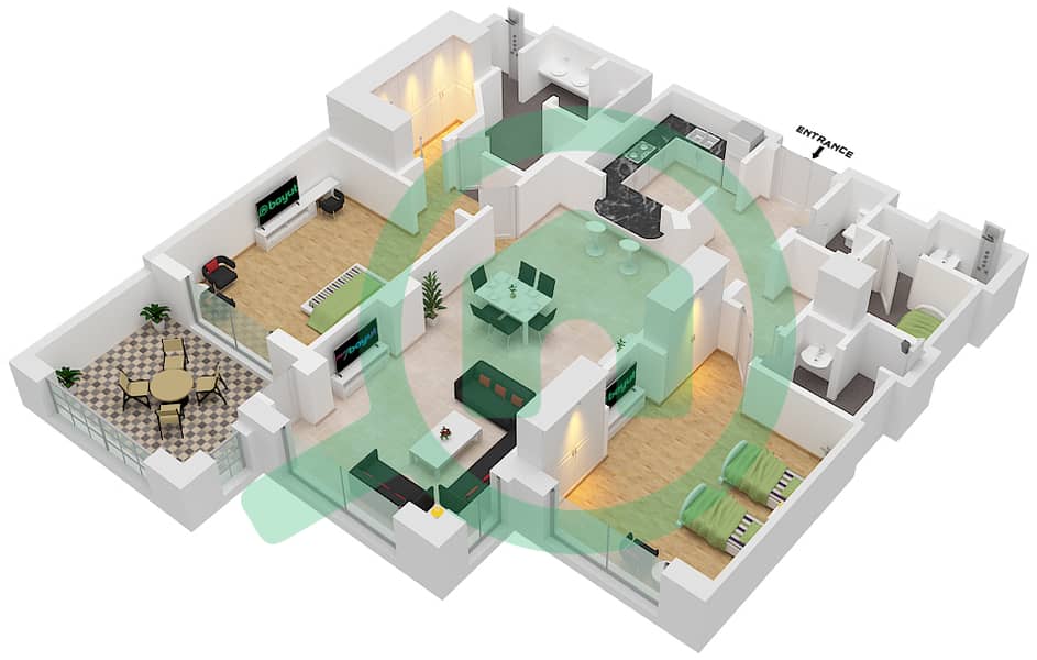 المخططات الطابقية لتصميم الوحدة C شقة 2 غرفة نوم - جولدن مايل interactive3D