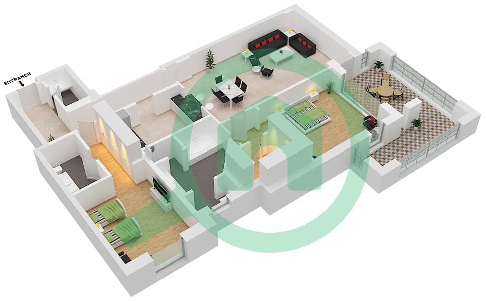 المخططات الطابقية لتصميم الوحدة D شقة 2 غرفة نوم - جولدن مايل interactive3D