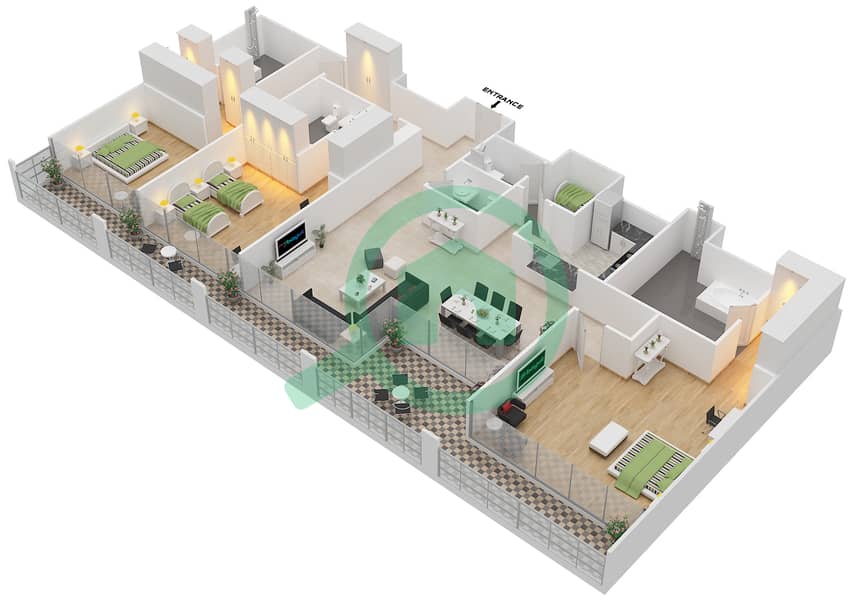 المخططات الطابقية لتصميم النموذج C1 شقة 3 غرف نوم - ذا ستيرلينغ ويست interactive3D