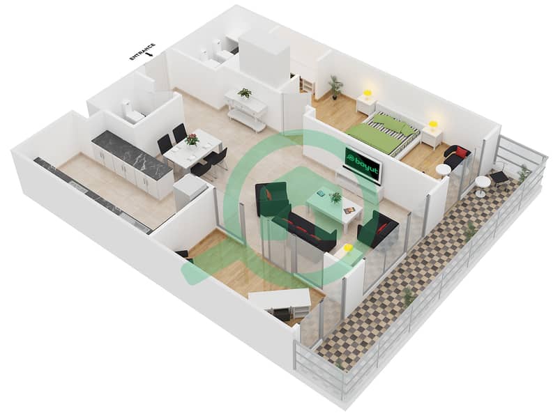 المخططات الطابقية لتصميم النموذج 2 شقة 1 غرفة نوم - برج يو بورا interactive3D