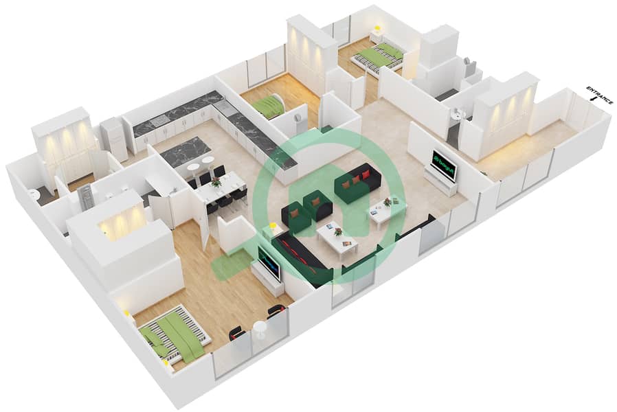 المخططات الطابقية لتصميم النموذج 4 شقة 3 غرف نوم - برج يو بورا interactive3D