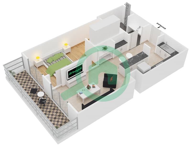 Ю-Бора Тауэр - Апартамент Студия планировка Тип 1 interactive3D