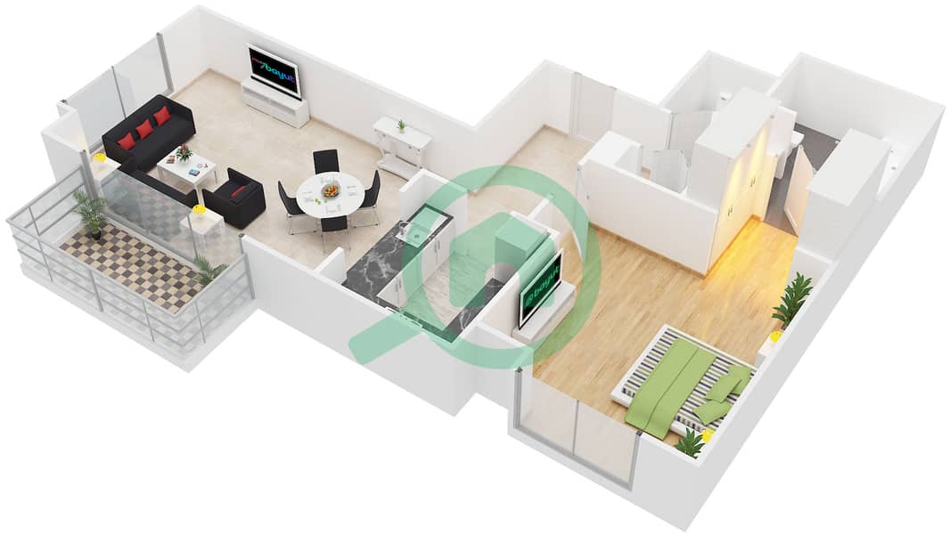 المخططات الطابقية لتصميم النموذج / الوحدة A/1,6-7,12 شقة 1 غرفة نوم - مساكن هاملتون interactive3D