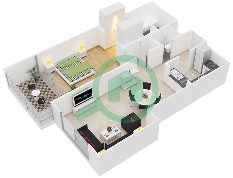المخططات الطابقية لتصميم النموذج / الوحدة B/2,5,8,11 شقة 1 غرفة نوم - مساكن هاملتون interactive3D