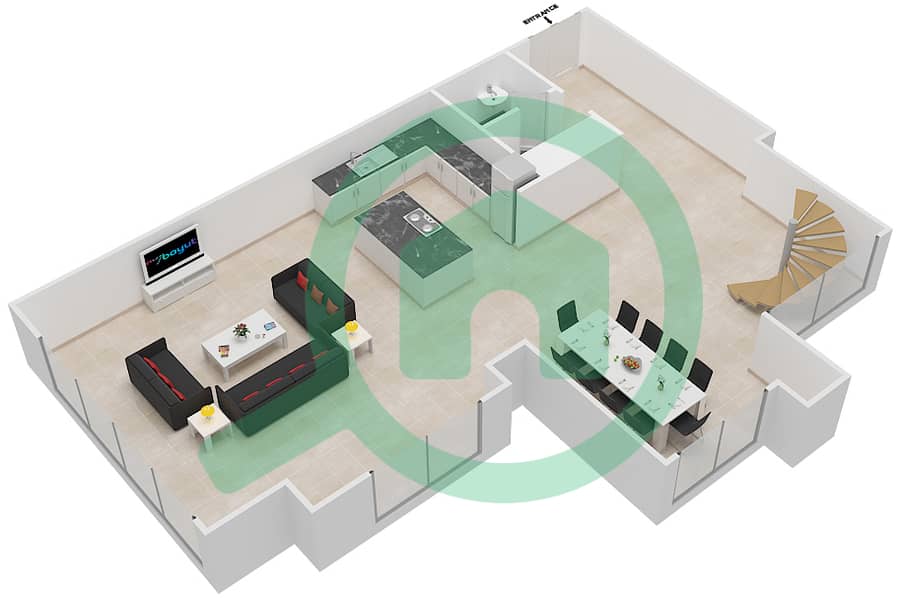 المخططات الطابقية لتصميم الوحدة 01 / FLOOR 6-7 (DUPLEX) شقة 1 غرفة نوم - برج نوره Lower Floor 6 interactive3D