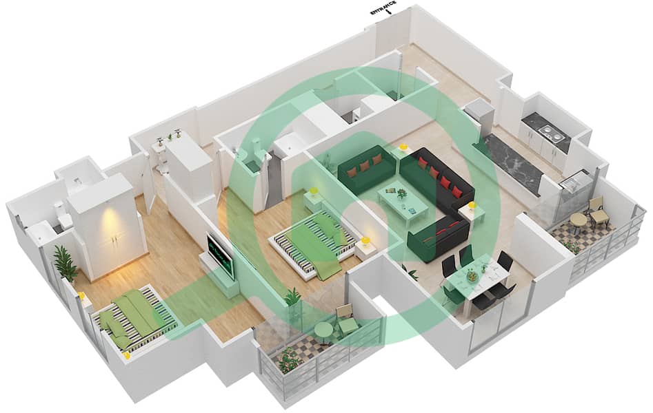 المخططات الطابقية لتصميم الوحدة 04 / FLOOR 8-20 شقة 2 غرفة نوم - برج نوره Floor 8-20 interactive3D