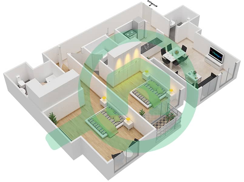 المخططات الطابقية لتصميم الوحدة 09 / FLOOR 8-20 شقة 2 غرفة نوم - برج نوره Floor 8-20 interactive3D