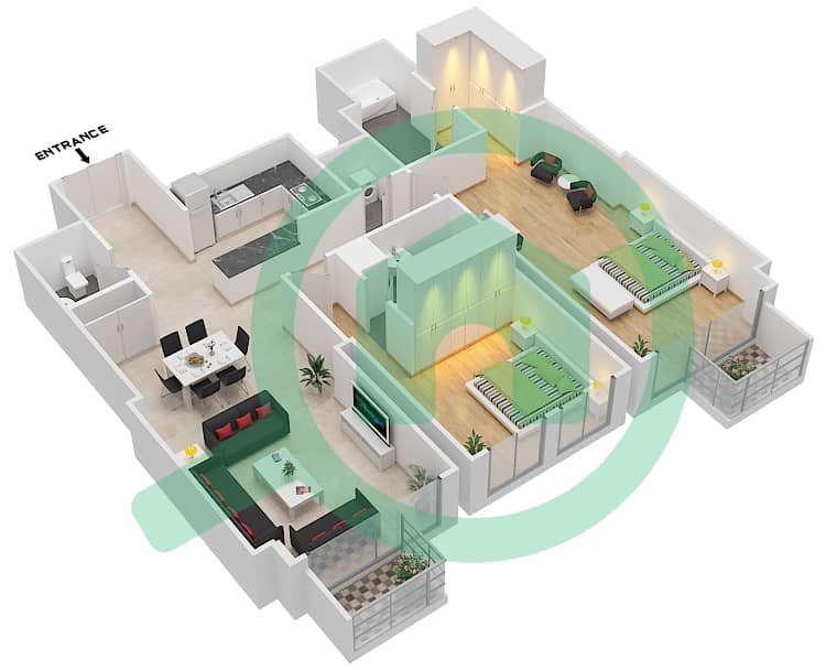 Нура - Апартамент 2 Cпальни планировка Единица измерения 11 / FLOOR 8-20 Floor 8-20 interactive3D