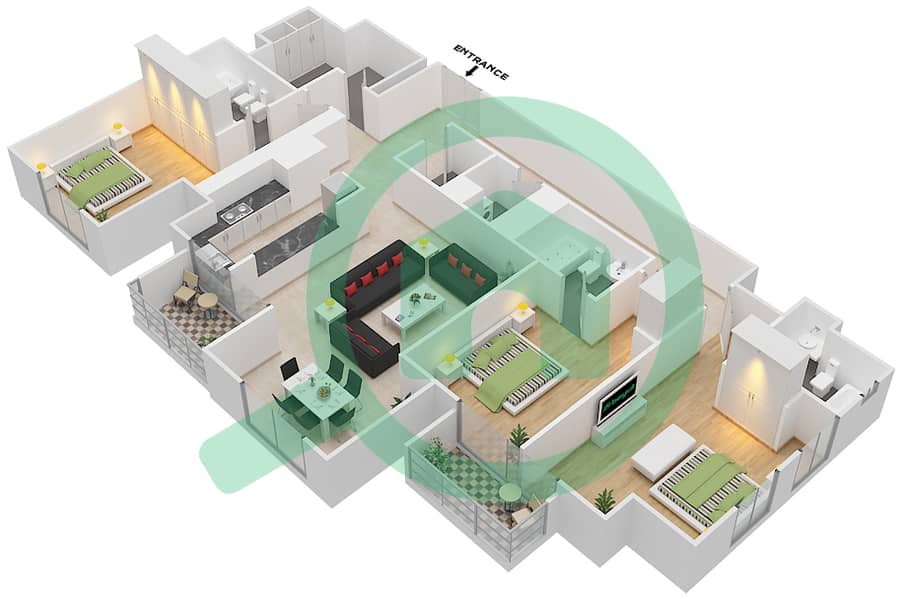 المخططات الطابقية لتصميم الوحدة 01 / FLOOR 42 شقة 3 غرف نوم - برج نوره Floor 42 interactive3D