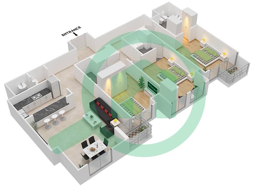 Нура - Апартамент 3 Cпальни планировка Единица измерения 02 / FLOOR 42 Floor 42 interactive3D