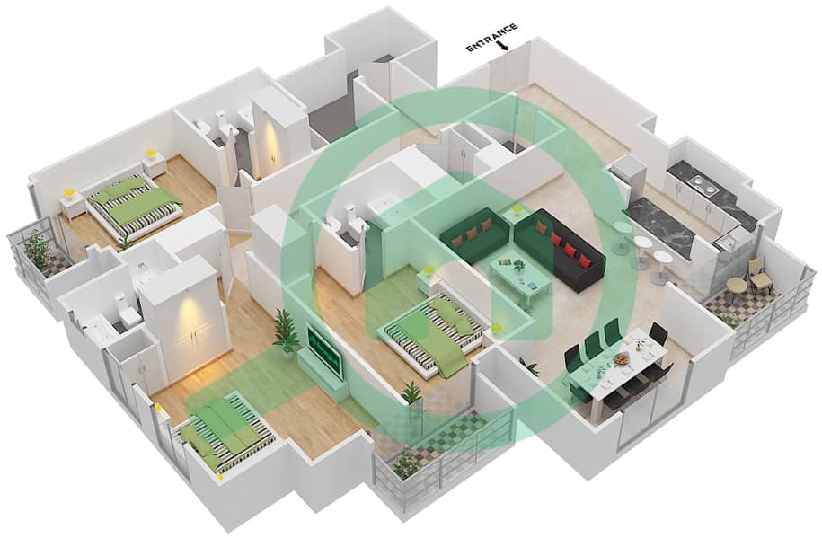 المخططات الطابقية لتصميم الوحدة 03 / FLOOR 42 شقة 3 غرف نوم - برج نوره Floor 42 interactive3D