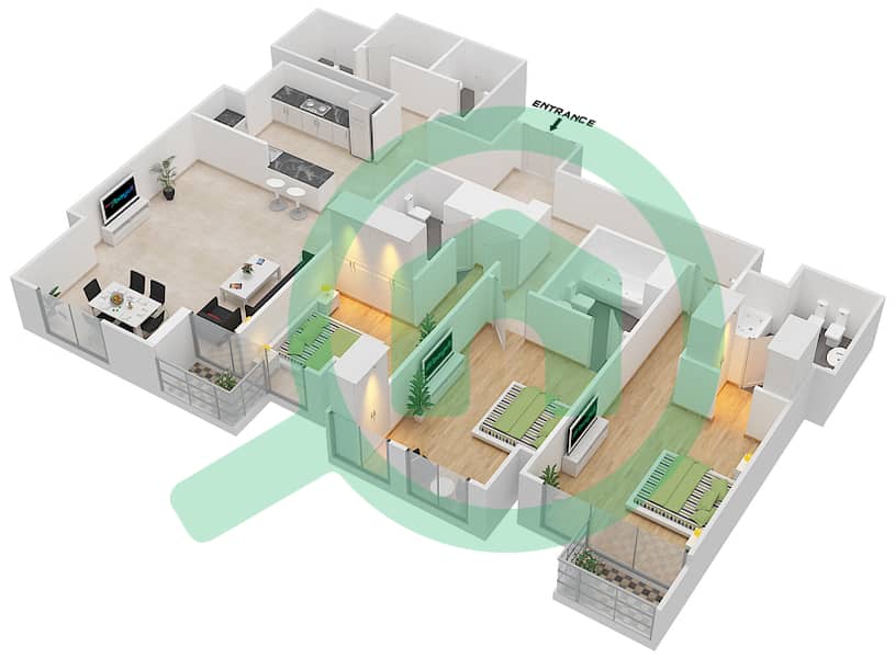 Нура - Апартамент 3 Cпальни планировка Единица измерения 02 / FLOOR 44-62 Floor 44-62 interactive3D