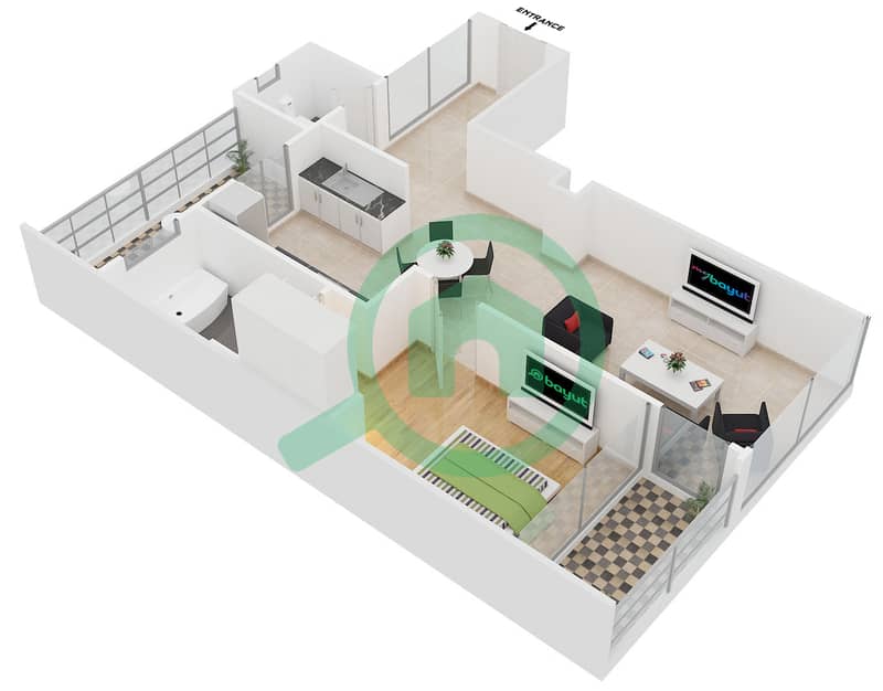 المخططات الطابقية لتصميم النموذج A FLOOR 1 شقة 1 غرفة نوم - ويست وارف interactive3D